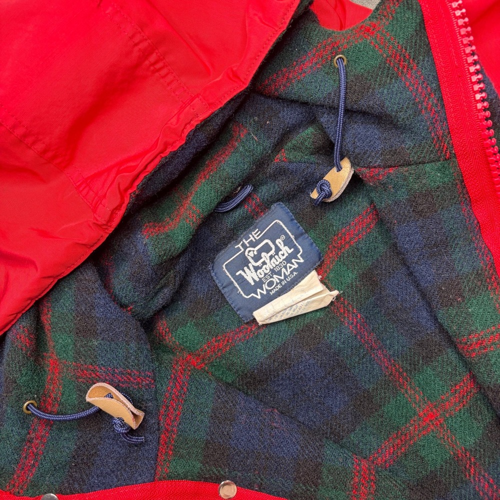 Vtg 90s Woolrich Jacket Womens L Red Plaid Wool Lined Hooded USA Gorpore Utility